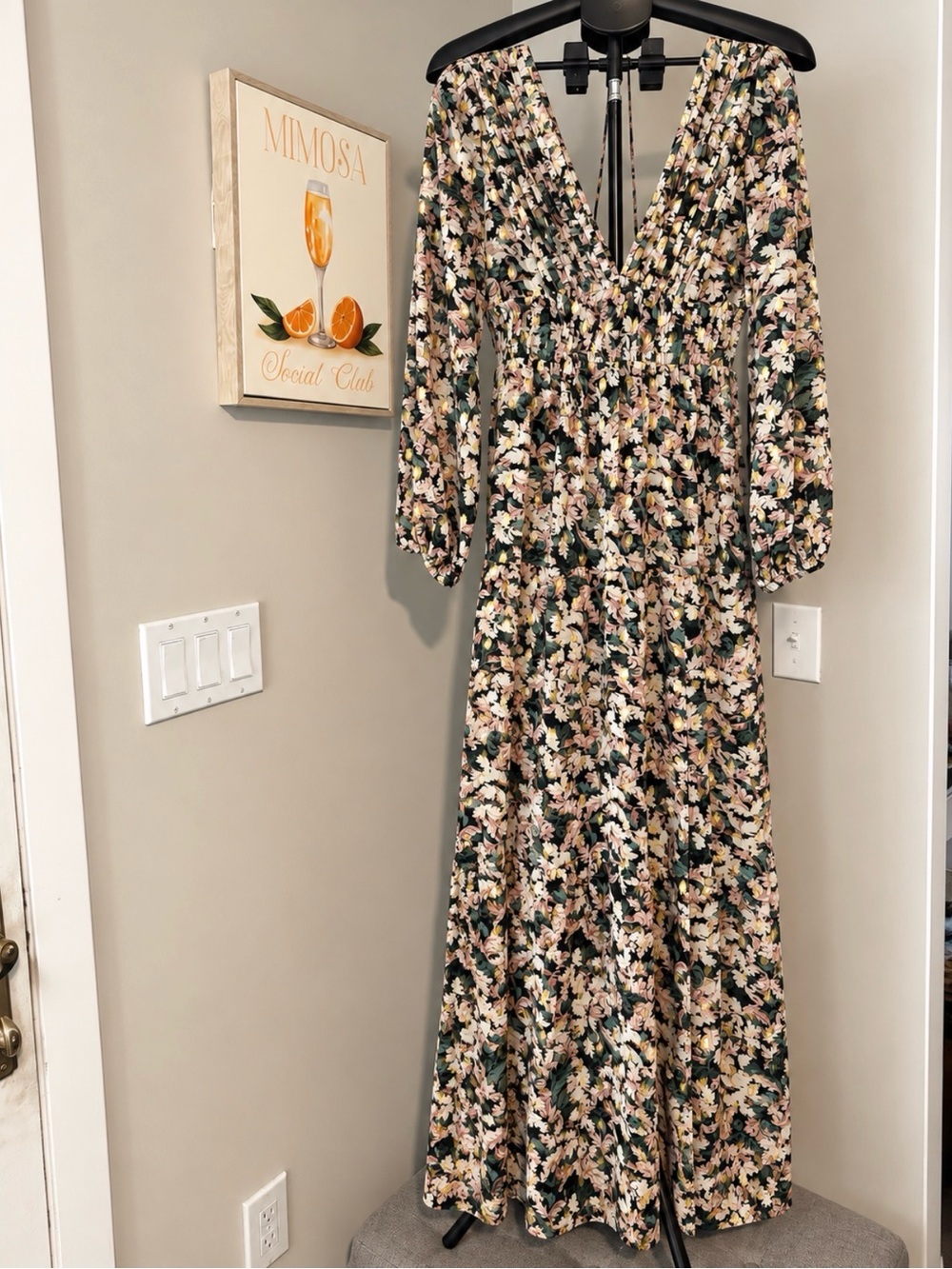ASTR The Label Black Gold Floral Maxi Dress Open Back Size M